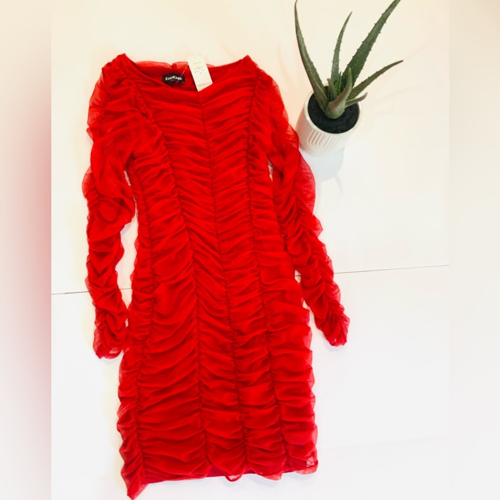 Bebe  Red Ruched Mini Dress with Long Sleeves